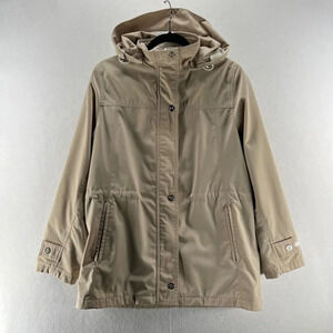 Liz Claiborne Anorak Coat Womens Sz S Full Zip Snap Removable Hood Cinched Beige